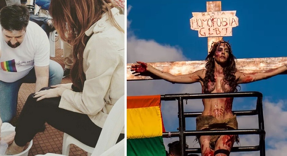 Padre e pastor lavam os pés de transexual que se crucificou na Parada Gay de SP