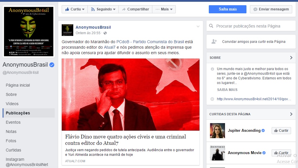 Anonymous Brasil repercute tentativa de censura de Flávio Dino ao ATUAL7
