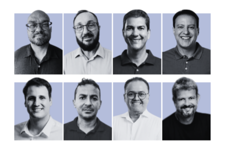 Mosaico com os oito candidatos ao governo do Maranhão em 2026, em fotos de rosto em preto e branco sobre fundo azul-claro, dispostas em duas fileiras de quatro. Na fileira de cima, da esquerda para a direita: André Luís (Missão), Dimas Cassimiro (PCO), Eduardo Braide (PSD) e Felipe Camarão (PT). Na fileira de baixo: Orleans Brandão (MDB), Reginaldo Lima (PCB), Roberto Rocha (PRTB) e Saulo Arcangeli (PSTU).